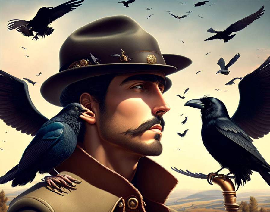 Vintage uniform man with mustache surrounded by flying ravens at dusk