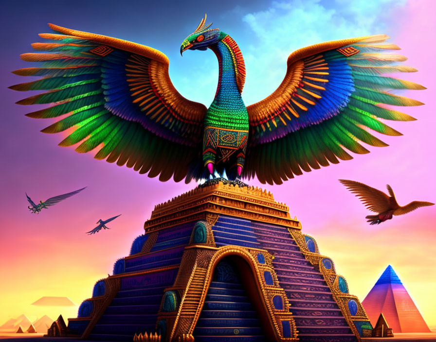 Colorful mythical bird perched on pyramid with vibrant wings spread, surrounded by smaller birds, pyramids