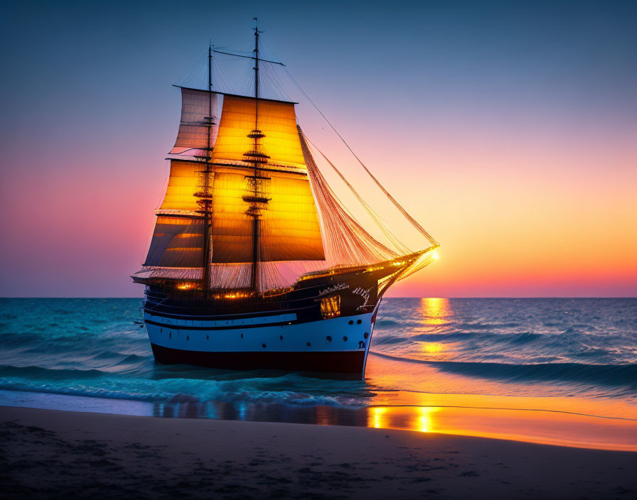 Illuminated tall ship near shore at sunset with vibrant pink and orange sky