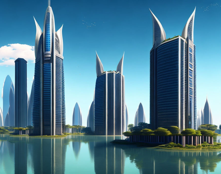 Sleek skyscrapers in futuristic cityscape by tranquil waterfront