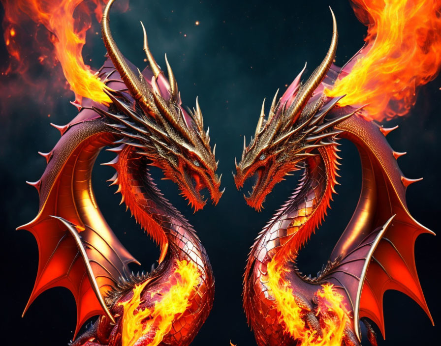 Fiery dragons in epic battle on dark, starry backdrop