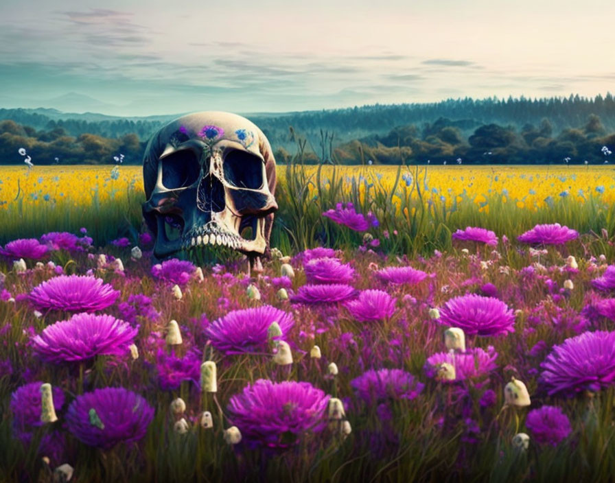 Skull with flowers in purple and yellow wildflower field at twilight