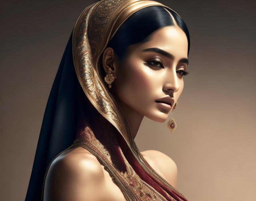 Woman with Dark Hair in Gold Headpiece and Earrings on Luxurious Fabric