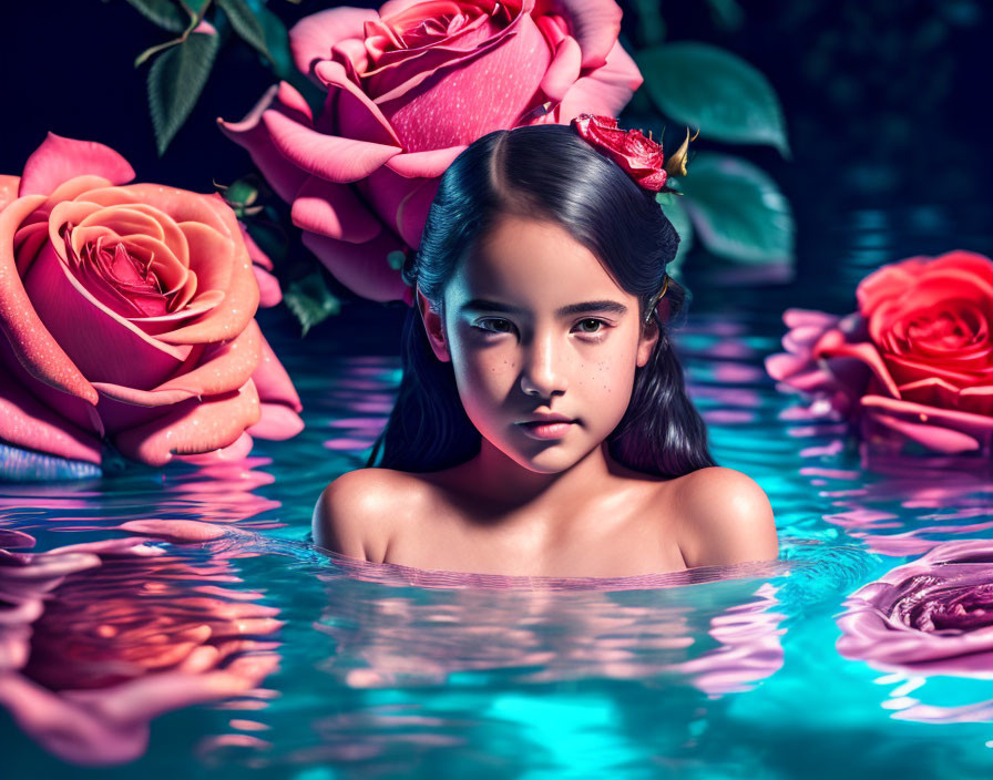 Young girl with red flower in hair submerged in water surrounded by vibrant roses