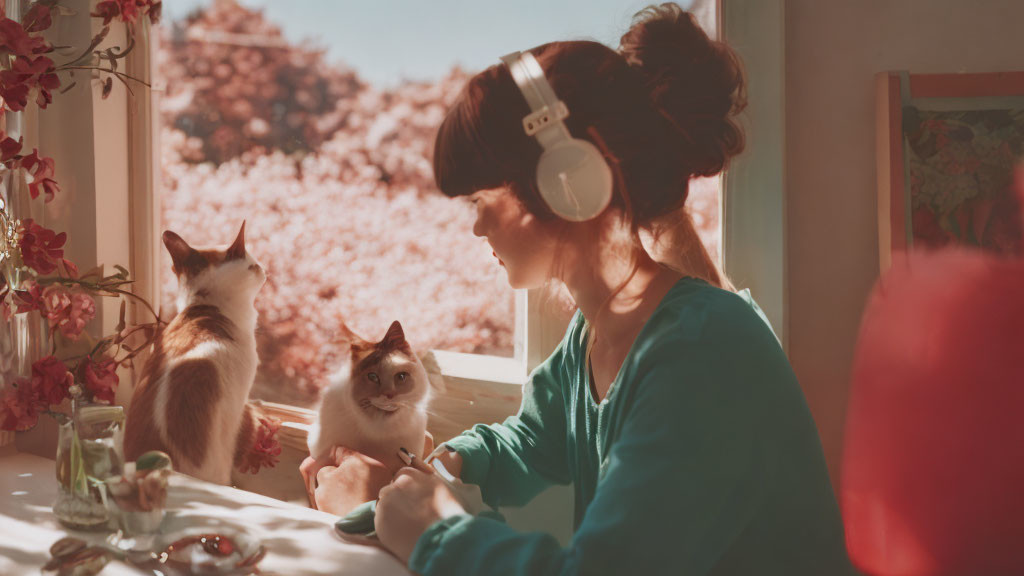 Person in headphones writing by sunny window with two cats watching