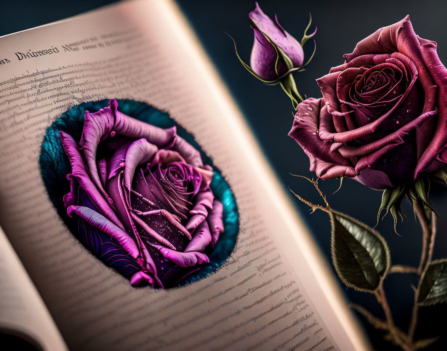 Vibrant purple rose on open book with rosebud, dark background