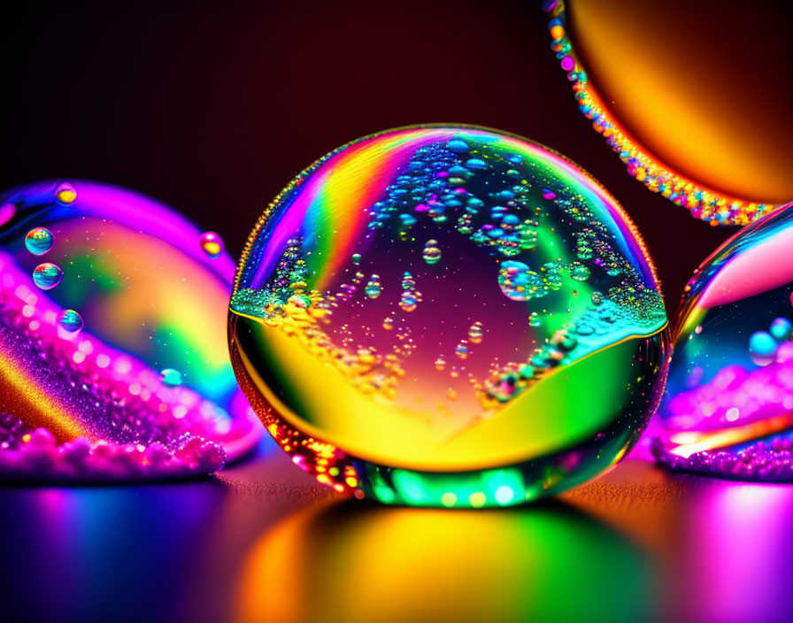 Colorful Water Droplets on Glass Spheres with Bokeh Background