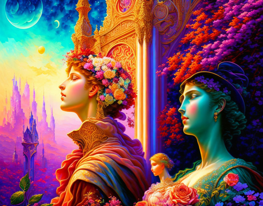 Fantasy scene with two women in floral headpieces and magical castle under twilight sky