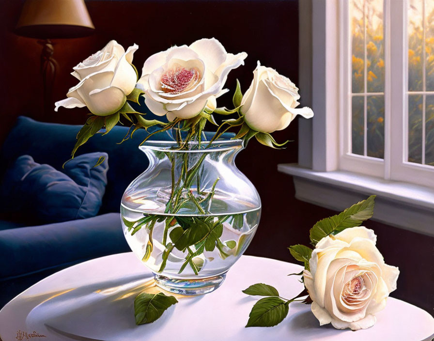 Realistic painting of white roses in vase on table with sunlight glow