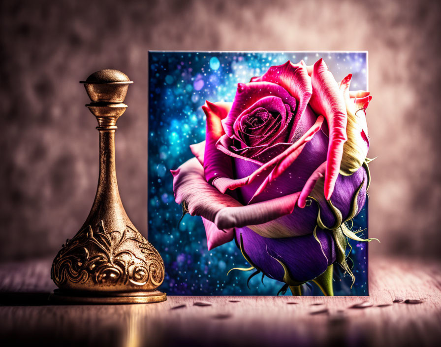 Vintage pawn chess piece with red and purple rose on cosmic background