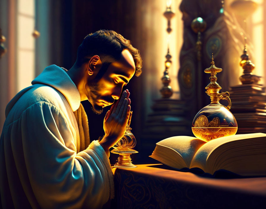 Man meditating near open book and golden vessel in warmly lit room