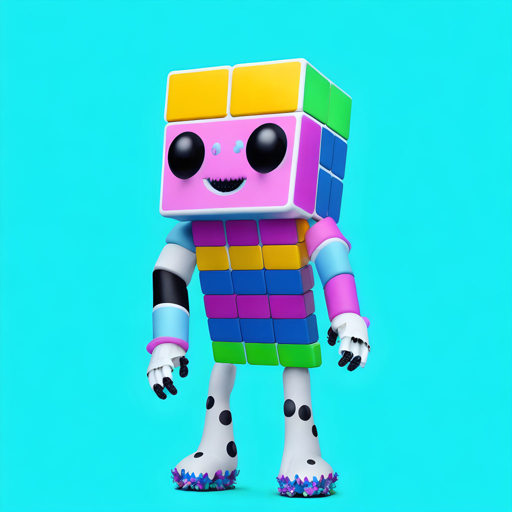 Cartoonish character with Rubik's Cube head and big eyes on blue background