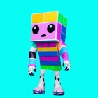 Cartoonish character with Rubik's Cube head and big eyes on blue background