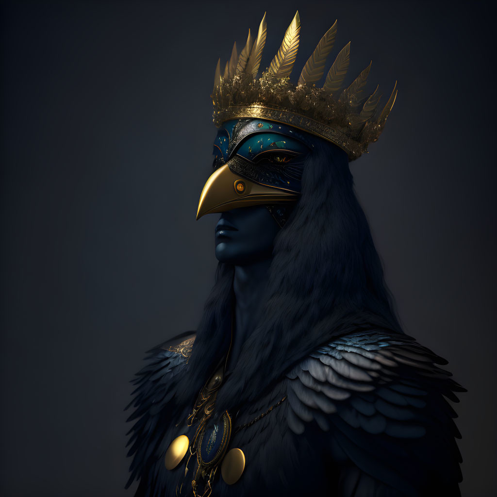 Majestic regal figure in bird-like mask, gold crown, and feathered cloak