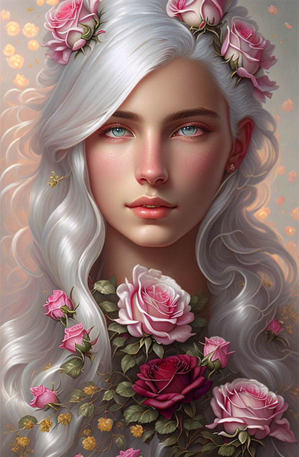 Pale-skinned person with blue eyes, white hair, and pink rose crown portrait.