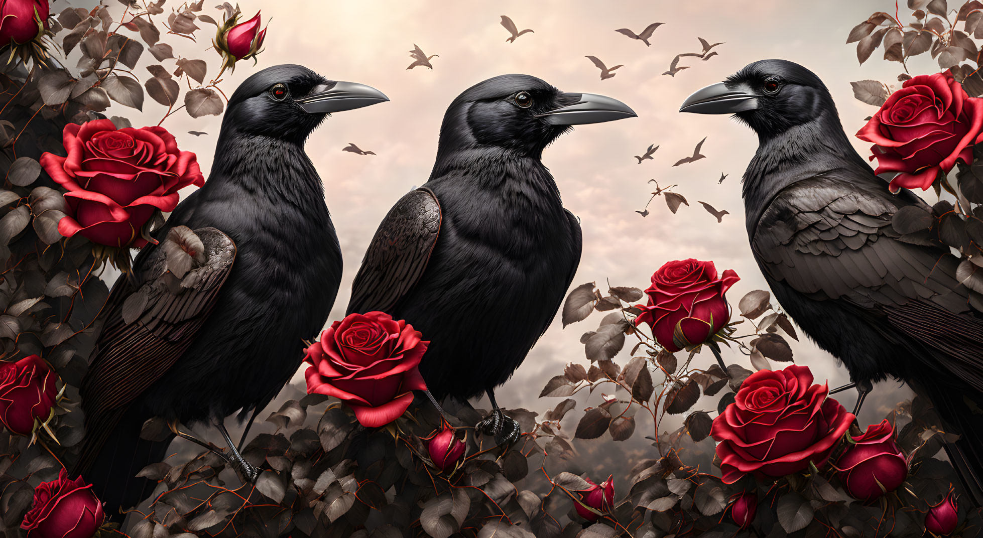 Three crows in red rose garden under cloudy sky