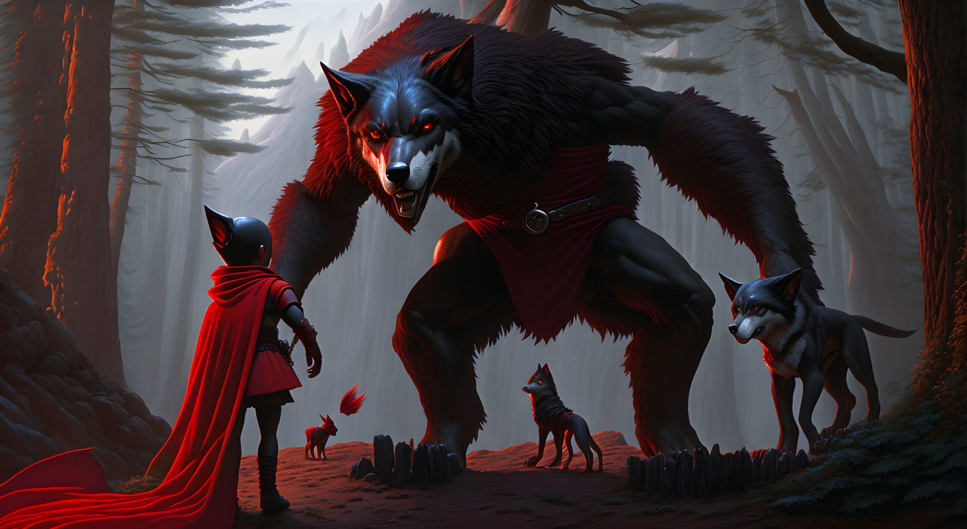 Person in red cloak confronts giant wolf in misty forest with smaller wolves - fantasy setting