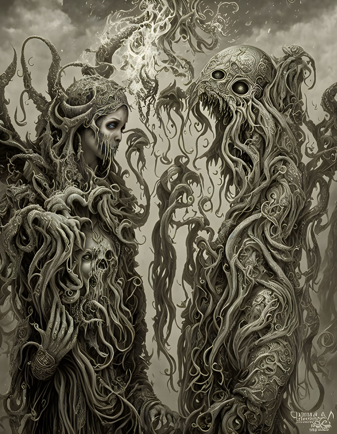 Eerie digital artwork: ornate figures with tentacle-like adornments