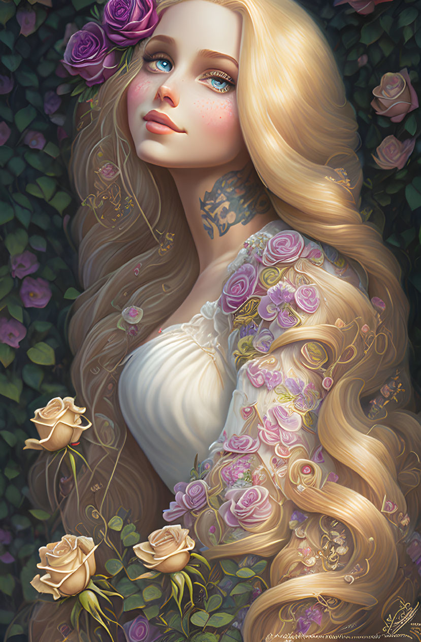 Digital artwork: Woman with long blonde hair, roses, tattoos, white dress, leafy backdrop