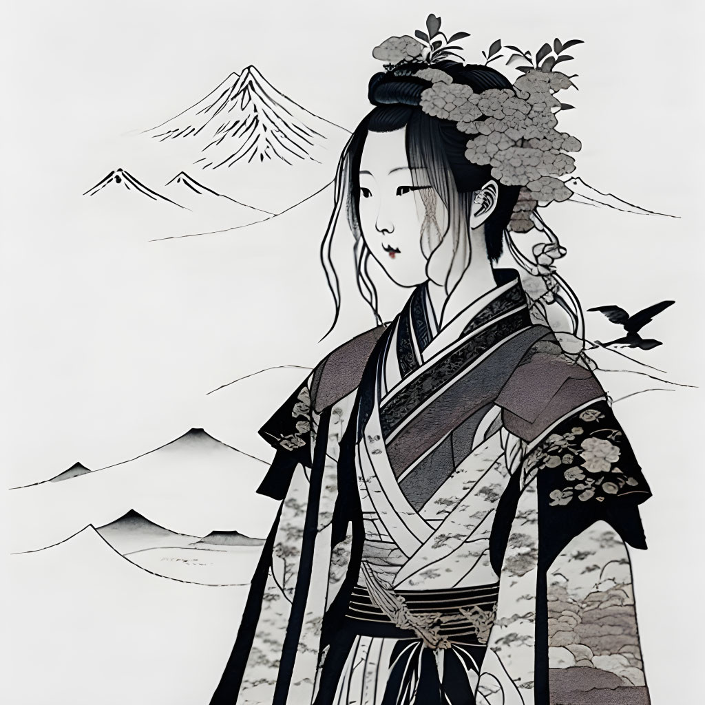 Traditional Japanese woman in kimono with Mount Fuji and birds.