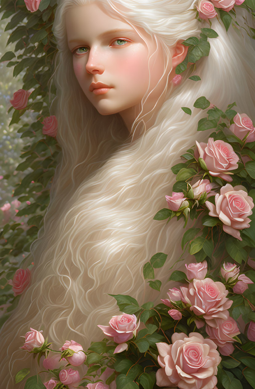 Illustrated fantasy figure with white hair and roses in an ethereal setting