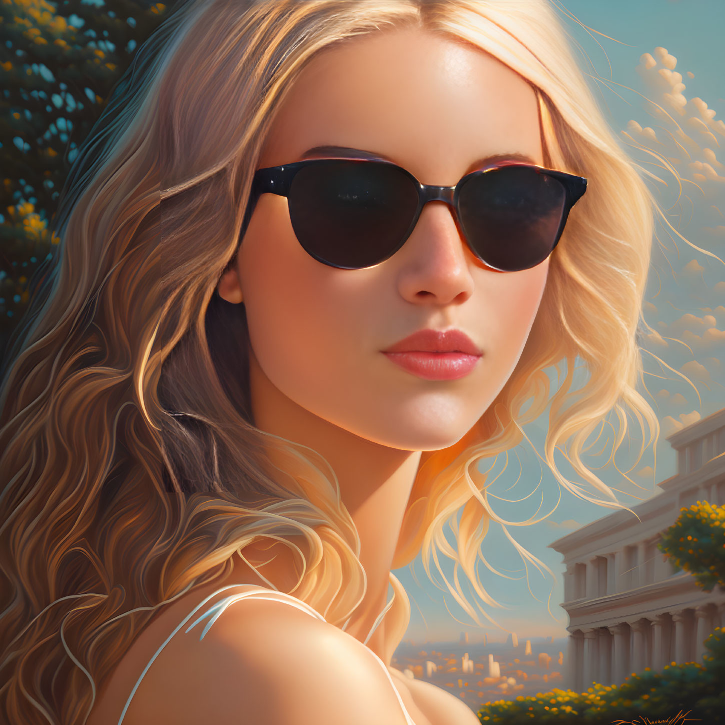 Blonde woman with wavy hair and sunglasses in sunny architectural setting