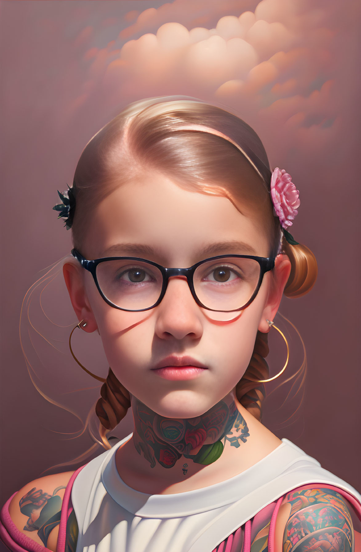 Young girl with glasses, tattoos, and piercings in digital portrait