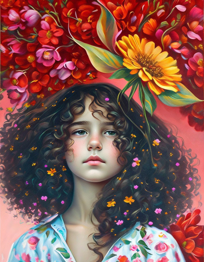 Curly Haired Girl Surrounded by Vibrant Flowers on Pink Background