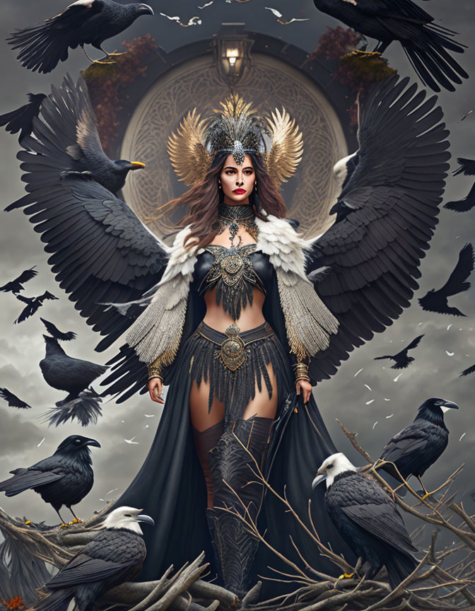 Majestic woman in dark feathered costume with crows under cloudy sky