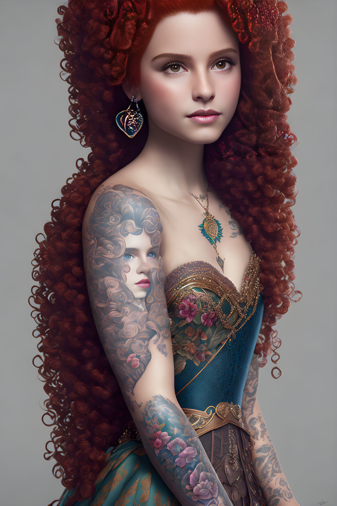 Digital artwork featuring woman with voluminous red curly hair, tattoos,  teal and gold dress | Deep Dream Generator