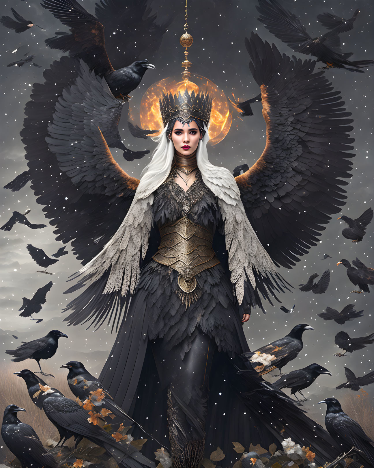 Majestic woman in crow-themed attire with eclipsed sun halo and crows in starry setting