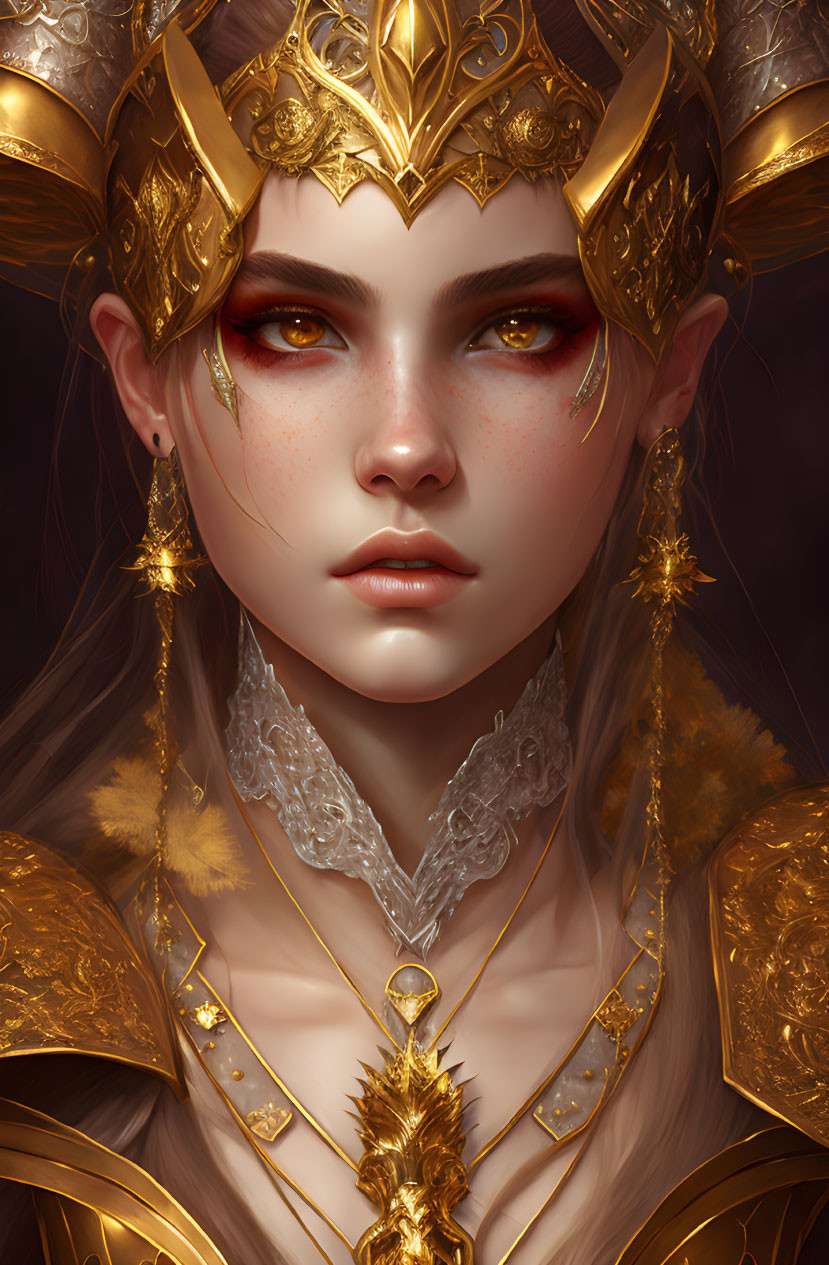 Regal figure in golden crown and ornate armor with amber eyes