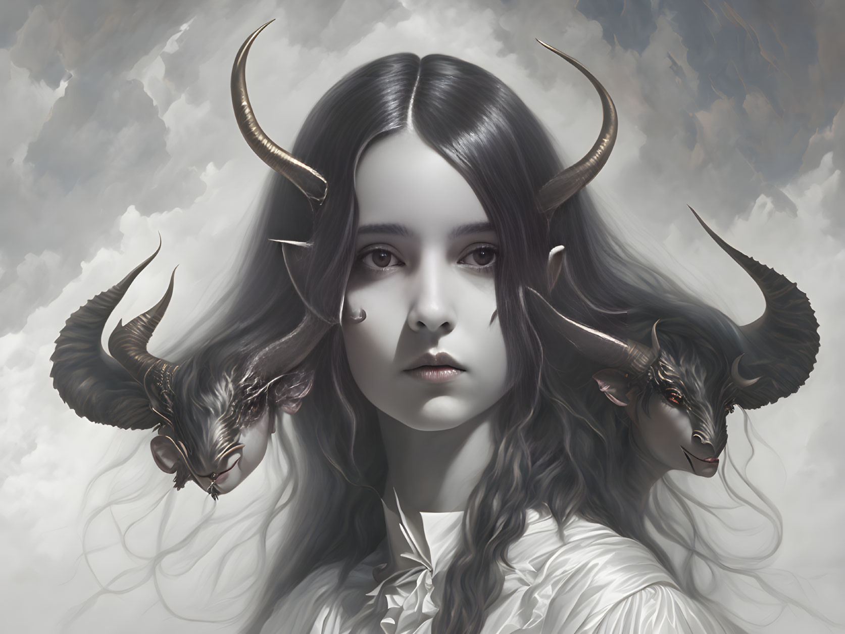 Digital painting of girl with two horned, beast-like visages against cloudy sky