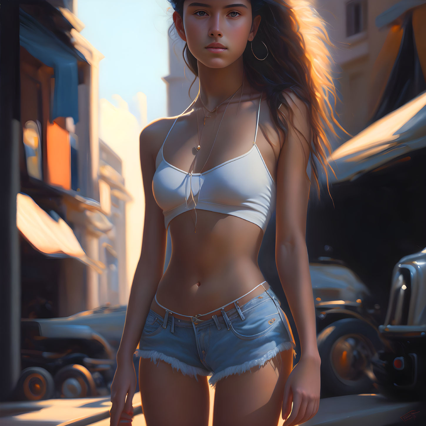 Digital artwork: Young woman in white crop top and denim shorts walking on sunlit street