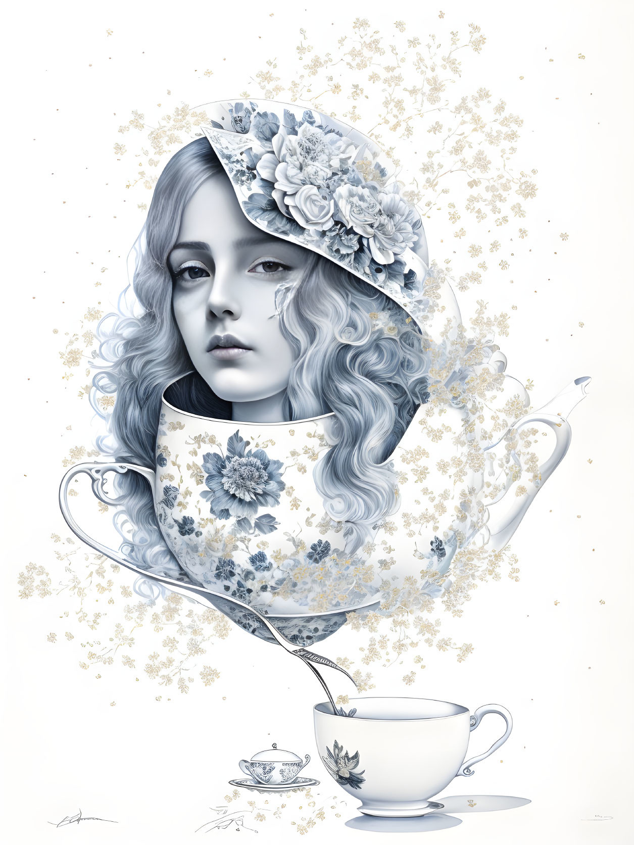 Woman's face in floral teacup with starry backdrop