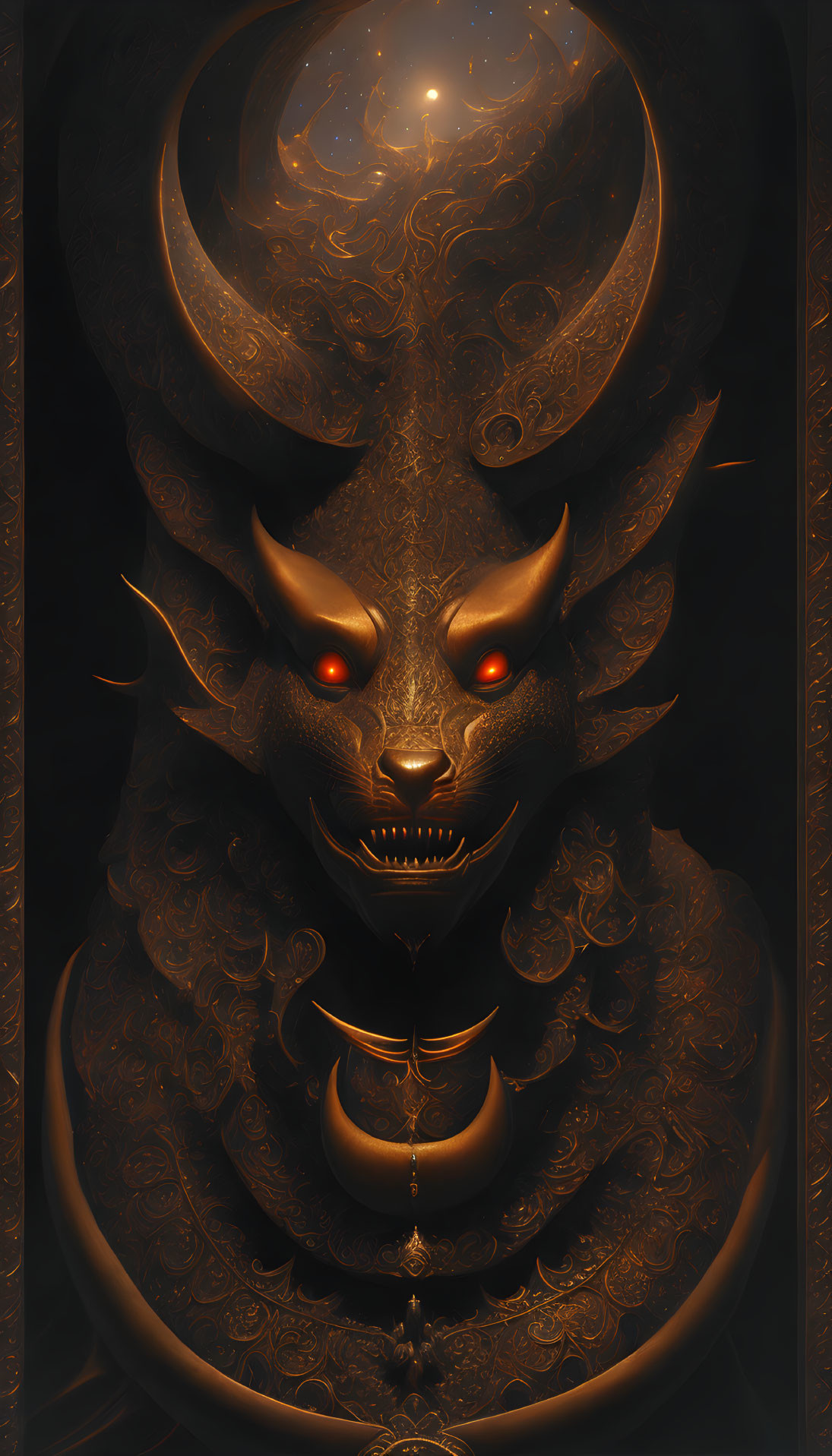 Fantastical dragon with glowing red eyes and golden patterns.