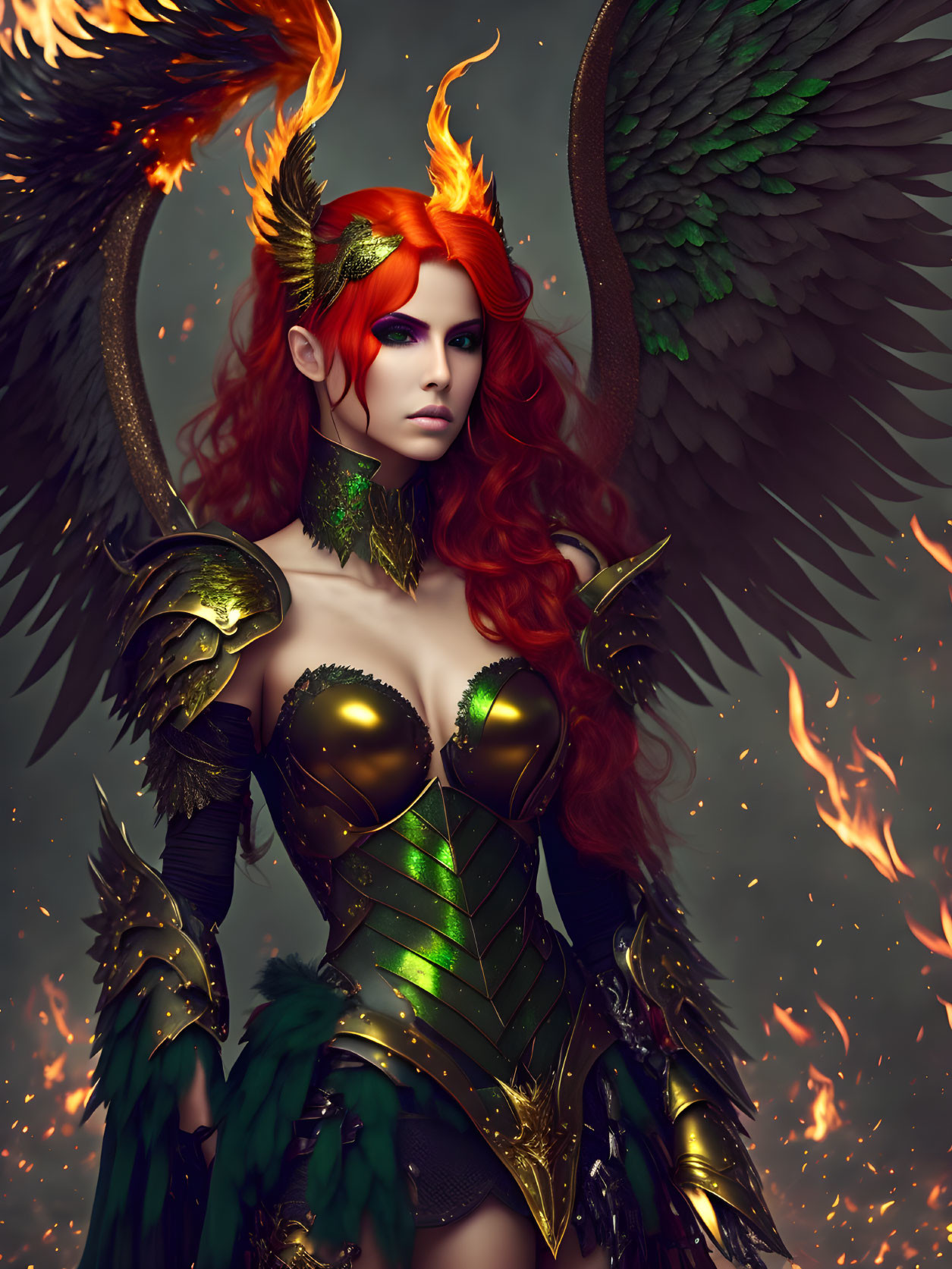 Fantasy illustration of female character with red hair, flaming horns, green armor, and dark wings against