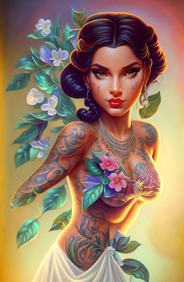 Colorful portrait of a woman with tattoos and piercings surrounded by flowers