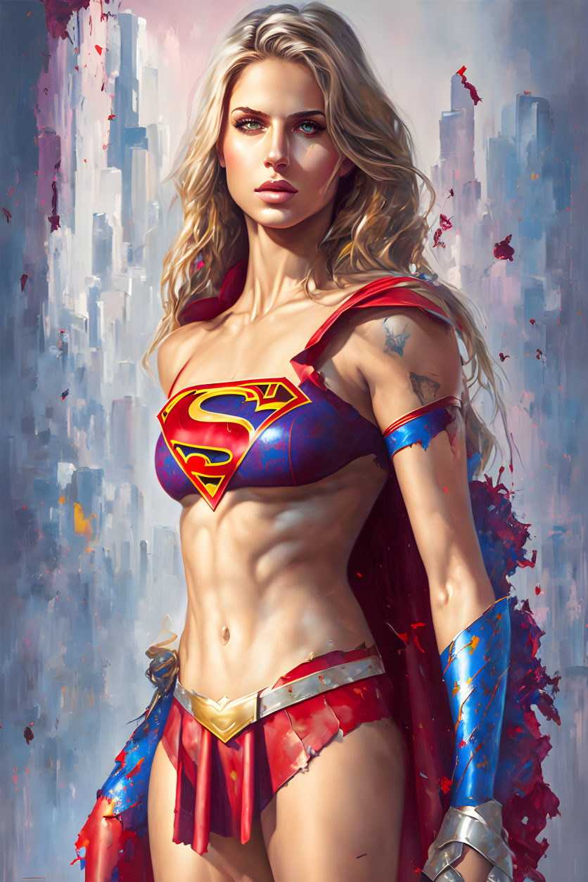 Blond Woman in Modern Superwoman Costume on Abstract Background