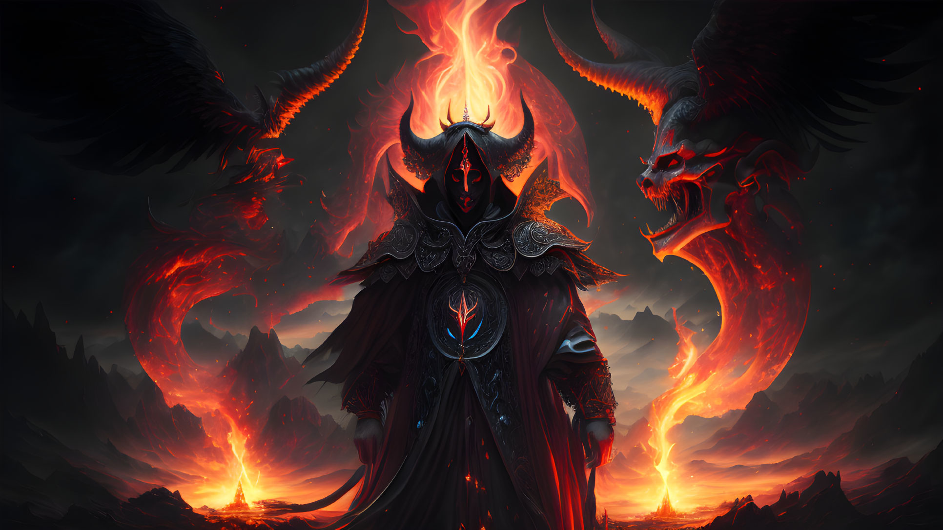 Dark fantasy scene: Cloaked figure, glowing eyes, flaming wings, horned helmet, fiery dragons