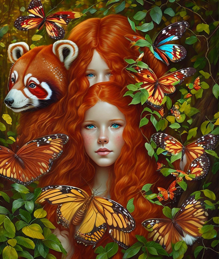 Colorful Painting: Red-Haired Girl with Blue Eyes, Butterflies, Foliage, and