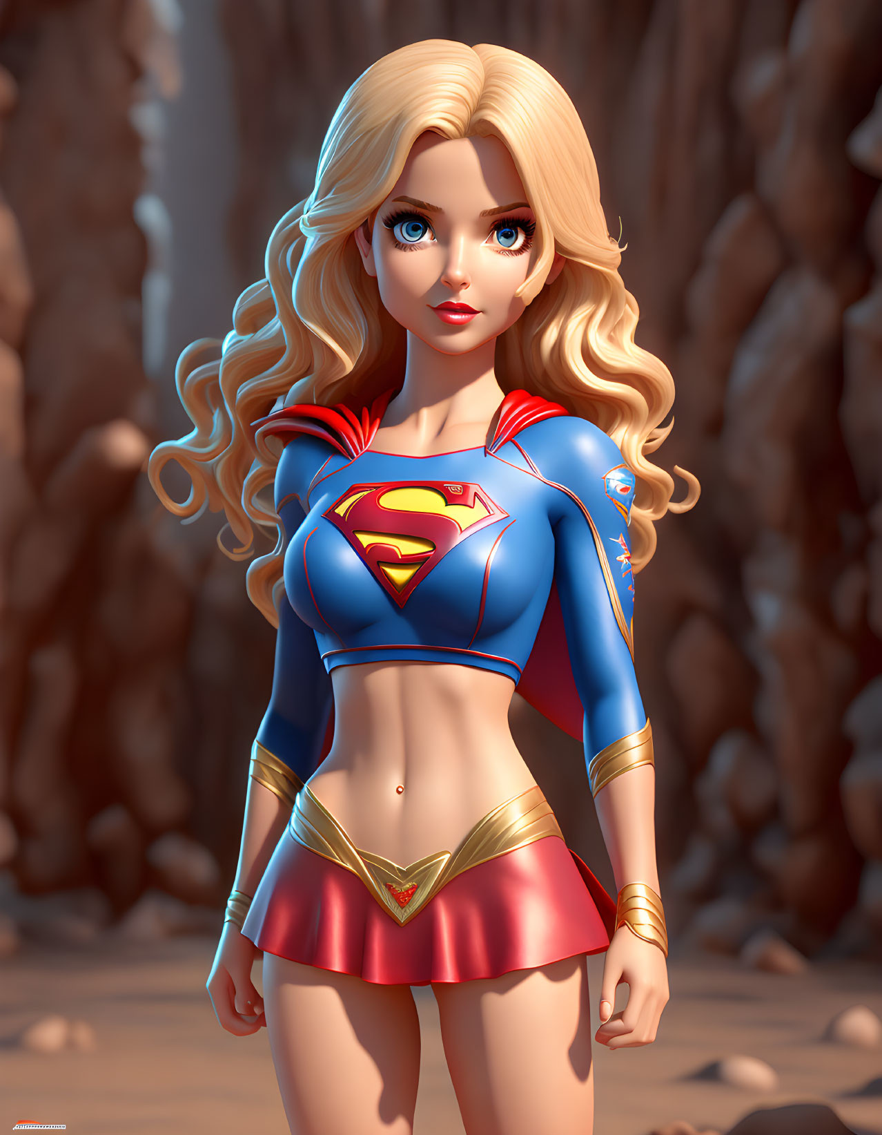 Stylized blonde female character in modern Supergirl costume.