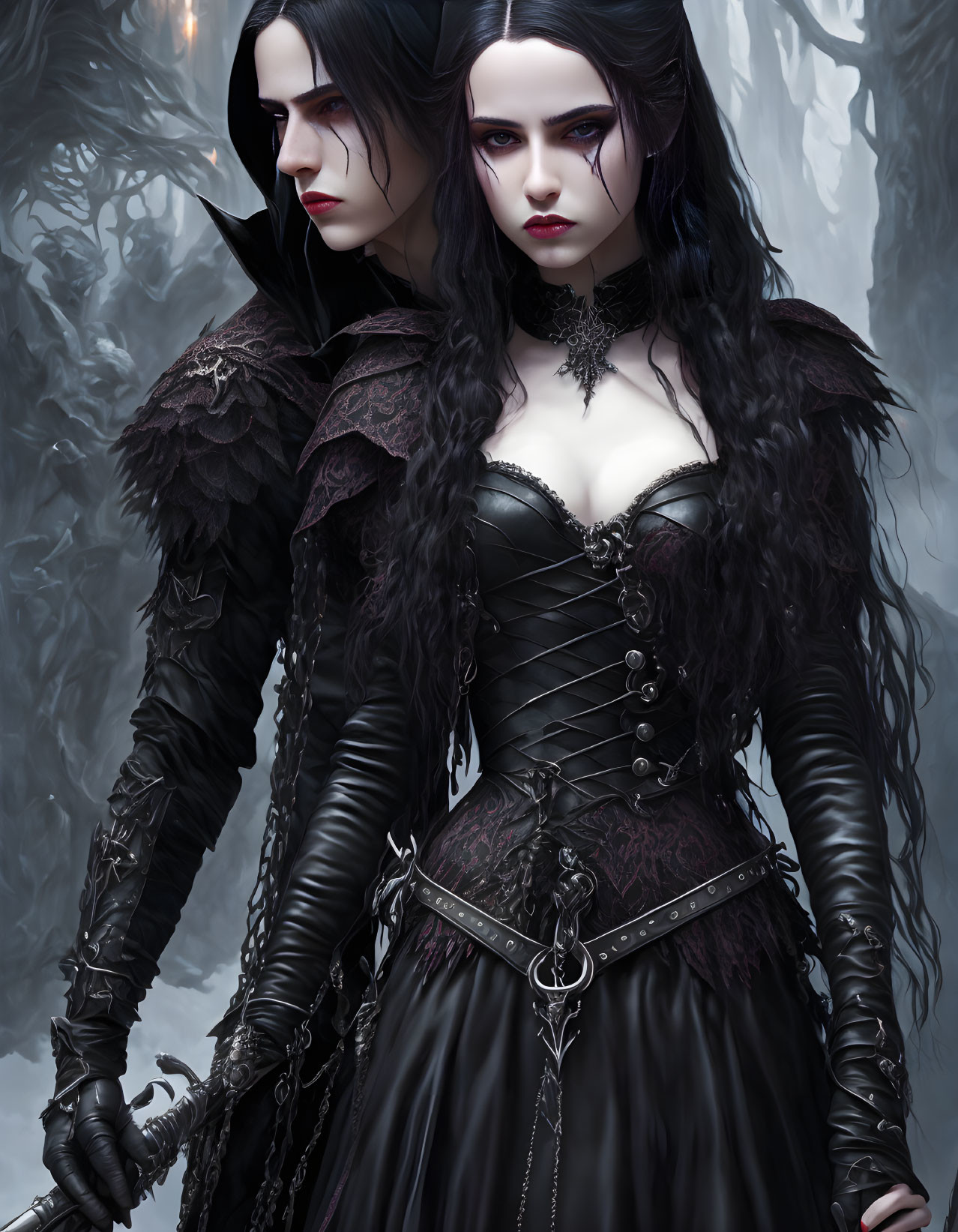 Gothic individuals in dark makeup and intricate black attire in misty forest