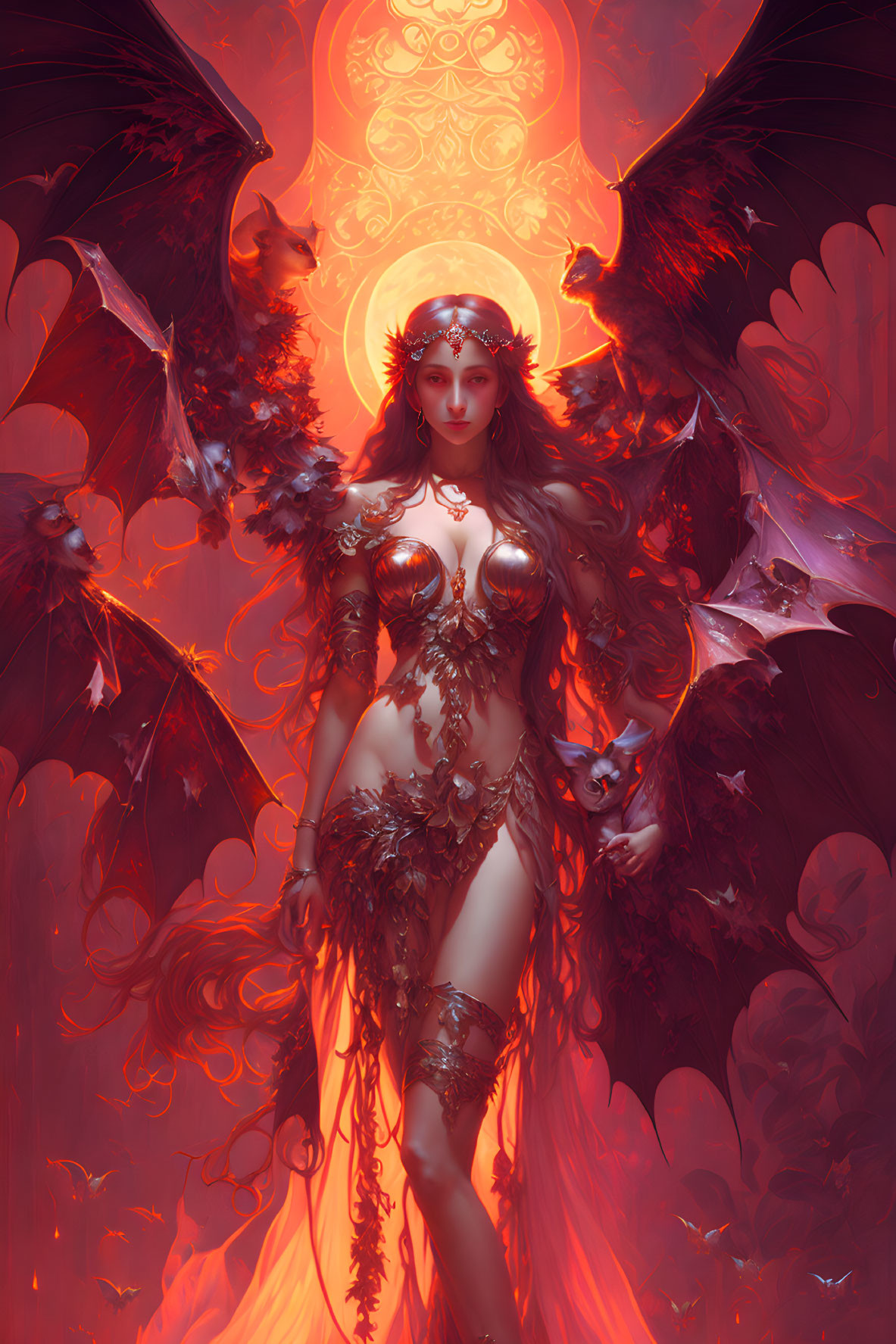 Fantastical female figure with large wings and ornate armor against glowing orange sphere and swirling red tones