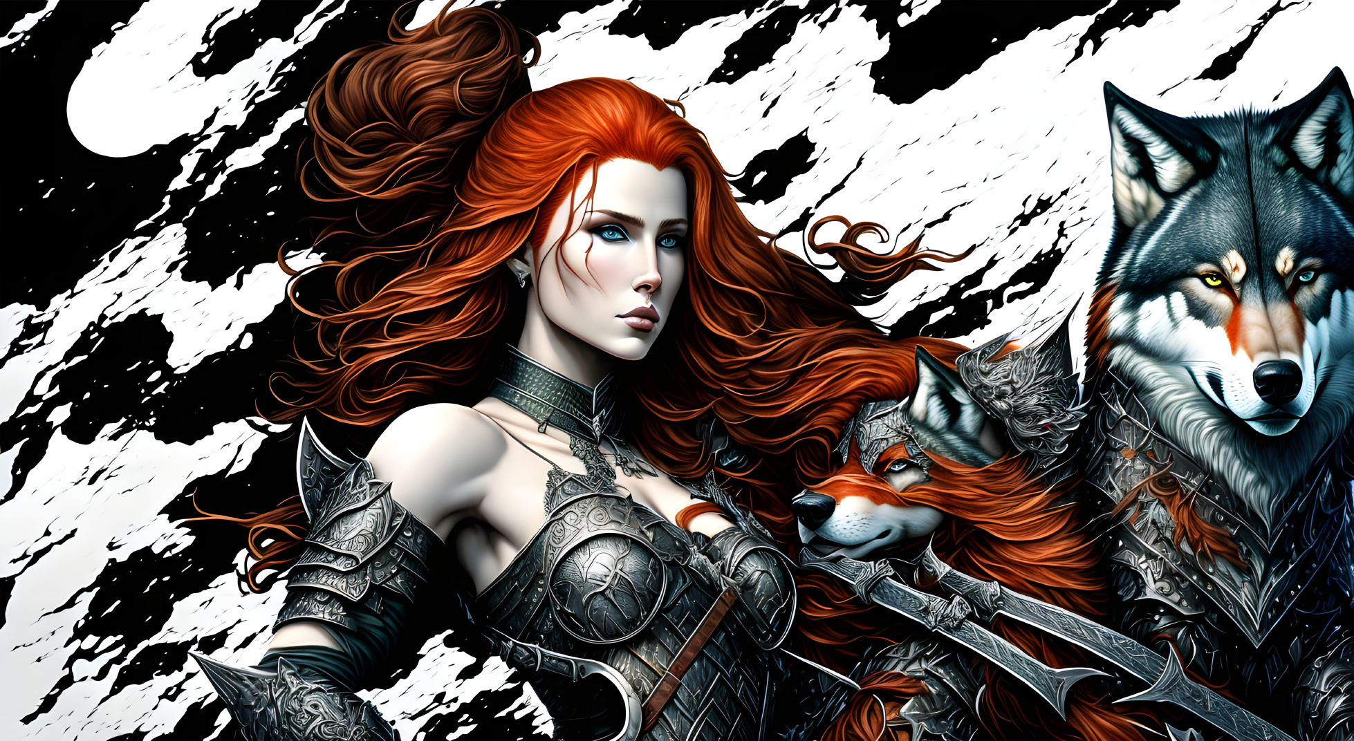 Warrior woman with red hair, wolves, black and white backdrop