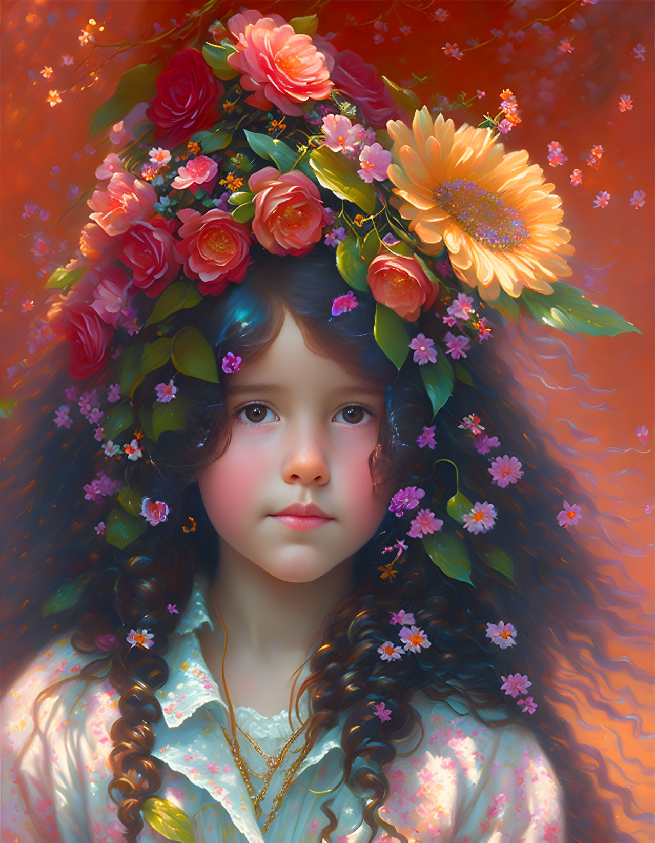 Young girl with dark curls and floral wreath in gentle gaze on warm backdrop