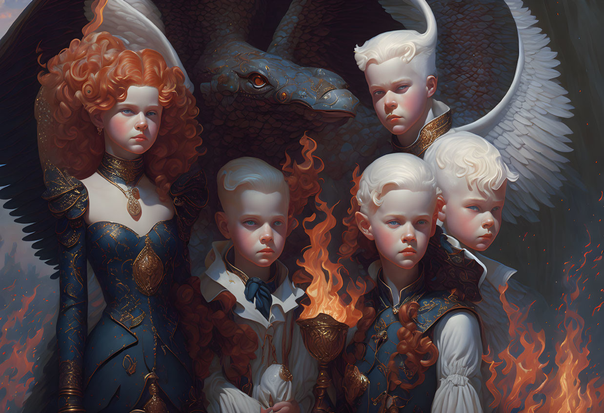 Fantasy painting of four angelic children with fiery effects and a blue dragon