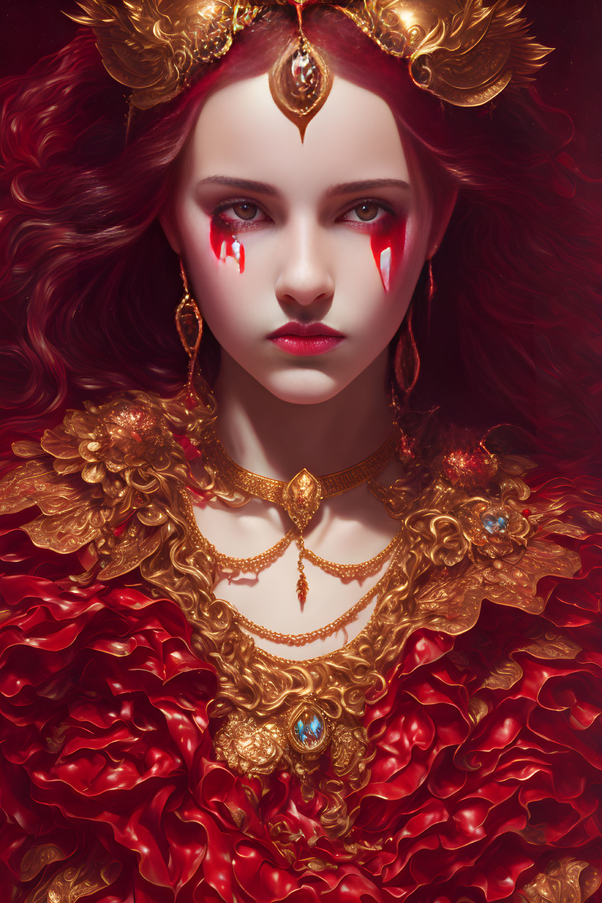 Regal woman with golden crown and tears of blood in red fabric sea