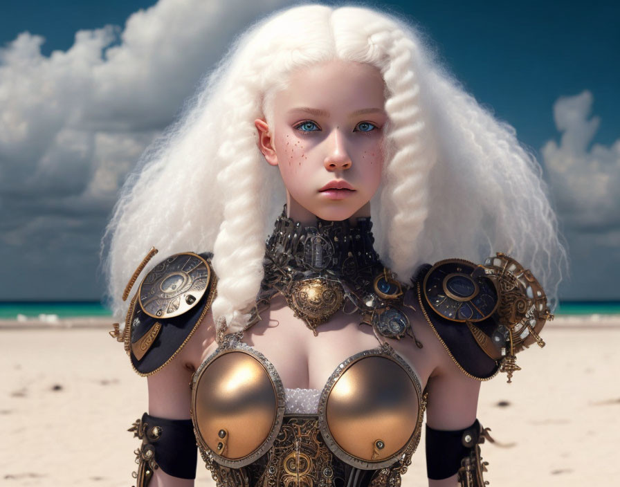 Fantastical character with white curly hair in steampunk armor on beach.