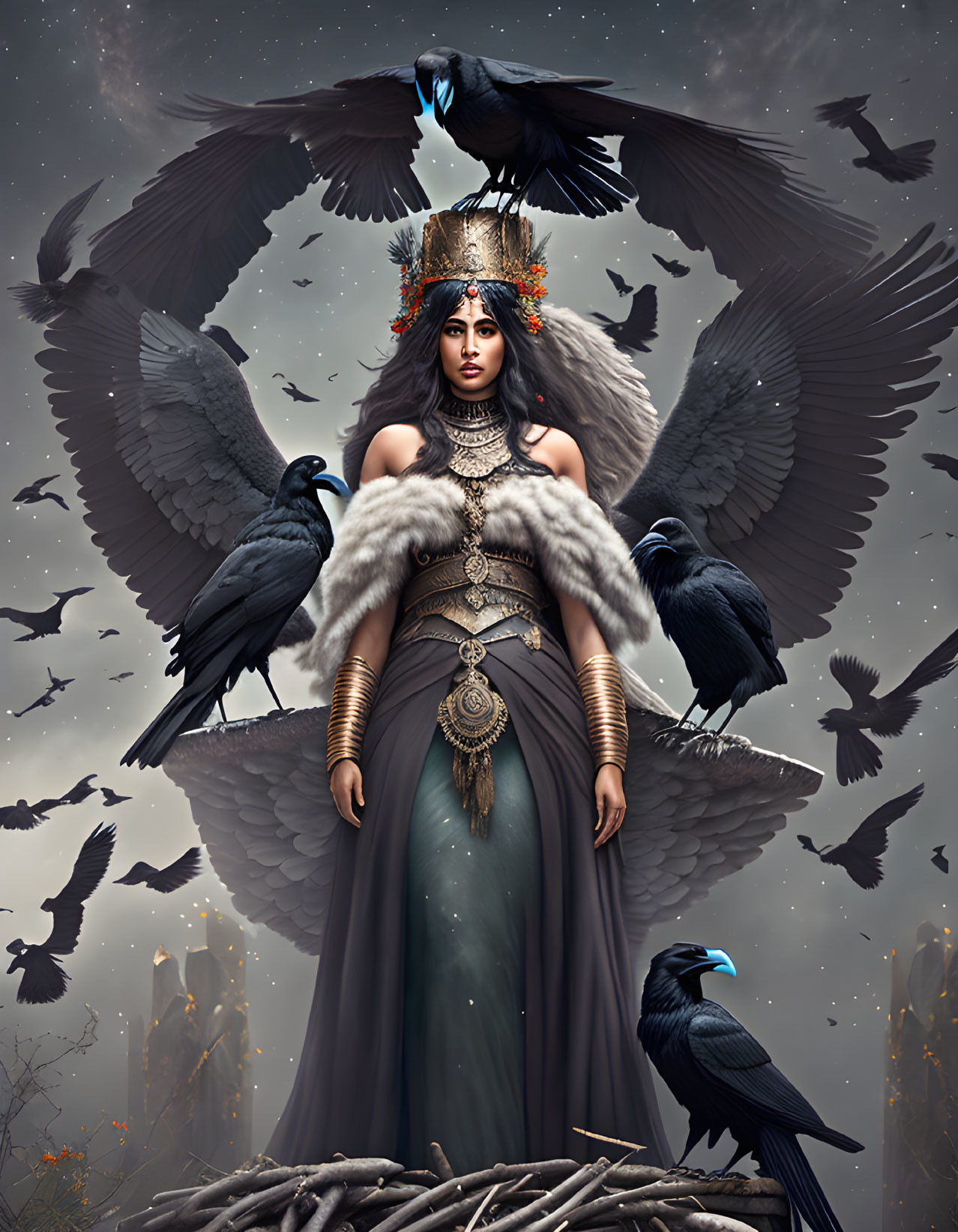 Mystical woman in dark robes with golden armor, crows, wings, and nest.